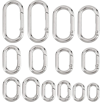 14Pcs 7 Styles Zinc Alloy Key Clasps, Spring Gate Rings, Oval Rings, Platinum, 21~49.5x14~25x3.5~5mm, 2pcs/style