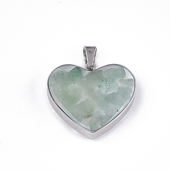 Natural Green Aventurine Pendants, with Glass and 304 Stainless Steel Findings, Heart, Stainless Steel Color, 19x21x6mm, Hole: 3x5.5mm