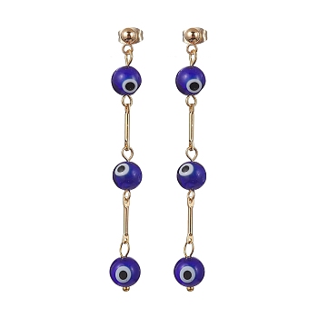 Evil Eye Lampwork Dangle Stud Earrings, Golden 304 Stainless Steel Tassel Earrings, Midnight Blue, 66~67x7.5~8mm