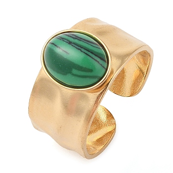 Oval Natural Malachite Finger Rings, Ion Plating(IP) 304 Stainless Steel Wide Band Cuff Rings for Women, Soldered, Real 14K Gold Plated, Oval: 11x9.5mm, Adjustable