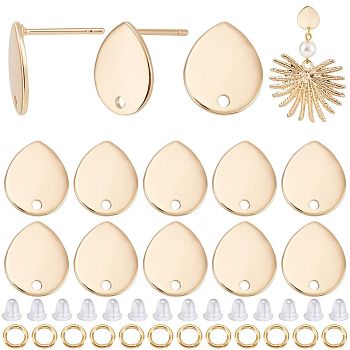 20Pcs Brass Stud Earring Findings, with Holes, Teardrop, Nickel Free, with 20Pcs Jump Rings & 50Pcs Plastic Ear Nuts, Real 18K Gold Plated, 12x10mm, Hole: 1.4mm, Pin: 1mm