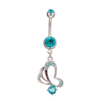 Piercing Jewelry Real Platinum Plated Brass Rhinestone Butterfly Navel Ring Belly Rings, Blue Zircon, 50x16mm, Bar Length: 3/8"(10mm), Bar: 14 Gauge(1.6mm)