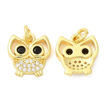 Brass Micro Pave Cubic Zirconia Pendants, Owl, Real 18K Gold Plated, 13x12x3mm, Hole: 2.7mm