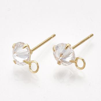 Brass Stud Earring Findings, with Cubic Zirconia and Loop, Clear, Real 18K Gold Plated, 10x6.5mm, Hole: 2mm, Pin: 0.8mm