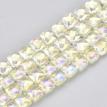 Electroplate Glass Beads Strands, Faceted, Square, Light Yellow, 6.5x6.5x4mm, Hole: 1mm, about 100pcs/strand, 25.1 inch