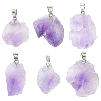 Rough Raw Natural Amethyst Pendants, Nuggets Charms, with Platinum Plated Brass Snap on Bails, 20~26x12~20x10~16mm, Hole: 4x4mm