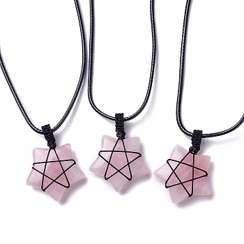 Adjustable Natural Rose Quartz Star Pendant Necklace, Wax Cord Macrame Pouch Braided Gemstone Jewelry for Women, 29.37~29.84 inch(74.6~75.8cm)