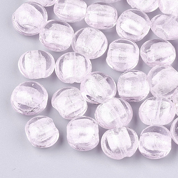 Handmade Silver Foil Lampwork Glass Beads, Flat Round, Pink, 12~13.5x11.5~13.5x7.5~8.5mm, Hole: 1~2mm