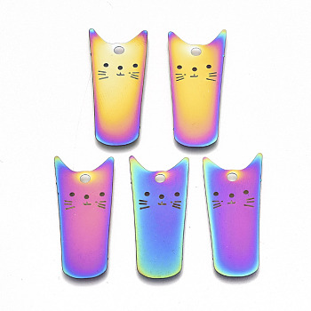 Ion Plating(IP) 201 Stainless Steel Pendants, Etched Metal Embellishments, Cat Shape, Rainbow Color, 31x14.5x0.3mm, Hole: 1.8mm