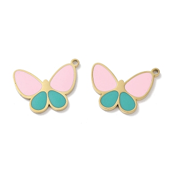 Ion Plating(IP) 304 Stainless Steel Pendants, with Enamel, Butterfly Charm, Golden, Pink, 16.5x21x1.5mm, Hole: 1.6mm