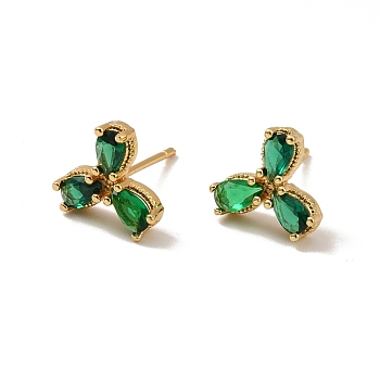 Emerald Rhinestone Leaf Stud Earrings, Rack Plating Brass Jewelry for Women, Cadmium Free & Lead Free, Real 18K Gold Plated, 10x11mm, Pin: 0.9mm