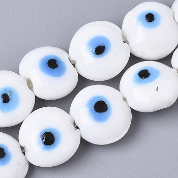 Handmade Evil Eye Lampwork Beads Strands, Flat Round, White, 16~17x8~9mm, Hole: 1.8mm, about 24pcs/strand, 12.60''(32cm)