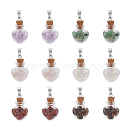 12Pcs 6 Styles Natural Mixed Gemstone Chip Heart Glass Bottle Pendants, Wishing Bottle Charms with Platinum Plated 304 Stainless Steel Snap on Bails, 38x22x11mm, 2pcs/style(PALLOY-UN00001)