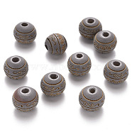 Painted Natural Wood Beads, Laser Engraved Pattern, Round with Leave Pattern, Silver, 10x9mm, Hole: 2.5mm(WOOD-N006-02A-08)