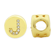 Brass Micro Pave Clear Cubic Zirconia Beads, Flat Round with Letter, Letter.J, 7.5x6.5mm, Hole: 3.5mm, 3pcs/bag(KK-T030-LA843-JX3)