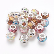 Resin European Beads, with Brass Cores, Large Hole Beads, Rondelle, Silver Color Plated, Mixed Color, 13x8mm, Hole: 4.8mm(RPDL-I001-M)
