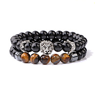 Natural Obsidian & Tiger Eye & Synthetic Hematite Stretch Bead Stretch Bracelets, with Lion Head for Men, (IO9425-2)