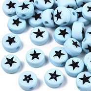 Opaque Acrylic Beads, with Enamel, Flat Round with Star, Sky Blue, 7x4mm, Hole: 1.5mm, about 1748pcs/256g(MACR-N008-32H)