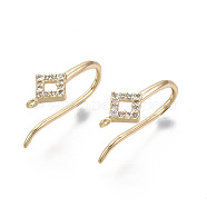 Brass Micro Pave Cubic Zirconia Earring Hooks, Nickel Free, with Horizontal Loop, Rhombus, Clear, Real 18K Gold Plated, 18x6.5mm, Hole: 0.9mm, Pin: 1mm(KK-T063-018-NF)