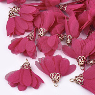 Chiffon Pendants, with Iron Findings, Flower, Golden, Deep Pink, 25~27x20~30mm, Hole: 2.5mm(FIND-S300-03L)