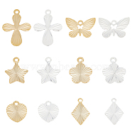 72Pcs 12 Style Brass Charms, Long-Lasting Plated, Rhombus & Heart & Butterfly & Flower & Star & Cross, Mixed Color, 9.5~17.5x8~13x0.1~0.2mm, Hole: 1.2mm, 6pcs/style(KK-FH0005-78)