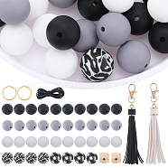 DIY Keychain Making Kit, Including Polygon & Round Silicone & Unfinished Wood Beads, PU Leather Tassel Pendants, Iron Split Key Rings, Black, 45Pcs/bag(DIY-SC0022-44)