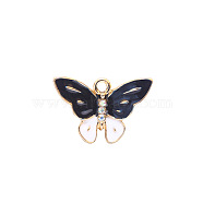 Zinc Alloy Enamel Butterfly Jewelry Pendant, with Crystal AB Resin Rhinestone, Light Gold, Black, 5/8x1 inch(15x24mm), Hole: 3mm(ENAM-TAC0007-08B)