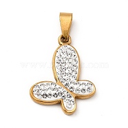 Polymer Clay Rhinestone Pendant, with Vacuum Plating 201 Stainless Steel, Butterfly, Golden, 21x21x4mm, Hole: 7x3.5mm(STAS-P314-02G)