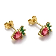 Brass Micro Pave Cubic Zirconia Stud Earrings, with Ear Nuts, Strawberry, Real 18K Gold Plated, Red, 9.5x6x4mm, Pin: 0.8mm(EJEW-H123-02G)