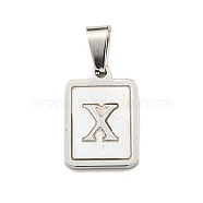 304 Stainless Steel Pave Natural White Shell Pendants, Rectangle with Letter Charms, Stainless Steel Color, Letter X, 17.5x12x1.5mm, Hole: 6x3mm(STAS-S130-03P-X)