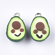 Handmade Polymer Clay Pendants, with Iron Findings, Avocado, Platinum, Green, 17.5x11x8mm, Hole: 2mm(CLAY-S092-52)