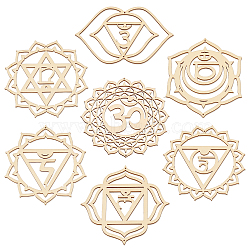 7 Chakra Theme Unfinished Wooden Pendant Decorations, with Ropes, for Wall Decoration, Meditation, BurlyWood, Pendant: 9.2~15x13~15.2x0.25cm, Hole: 1.5~3.5mm, 7pcs/set, 1 set/box(AJEW-CA0003-51)