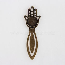 Antique Bronze Iron Bookmark Cabochon Settings, Hamsa Hand/Hand of Fatima/Hand of Miriam with Alloy Flat Round Tray, Cadmium Free & Nickel Free & Lead Free, Antique Bronze, 92x30x4mm, Tray: 18mm(X-PALLOY-N0084-12AB-NF)