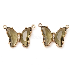 Brass Pave Faceted Glass Connector Charms, Golden Tone Butterfly Links, Dark Khaki, 17.5x23x5mm, Hole: 0.9mm(FIND-Z020-03D)