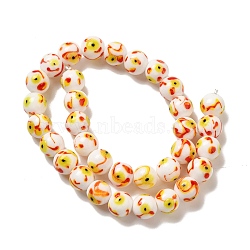 Handmade Lampwork Beads Strands, Round with Flower Pattern, White, 12mm, Hole: 1.2~1.6mm, about 33pcs/strand, 14.96''(38cm)(LAMP-G162-08A-04)