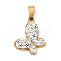Polymer Clay Rhinestone Pendant, with Vacuum Plating 201 Stainless Steel, Butterfly, Golden, 21x21x4mm, Hole: 7x3.5mm(STAS-P314-02G)