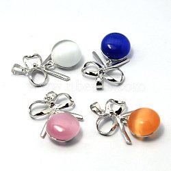 Cat Eye Pendants, with Brass Findings, Fruit, Platinum, Mixed Color, 30x20x9mm, Hole: 4x5mm(G-G378-MP)