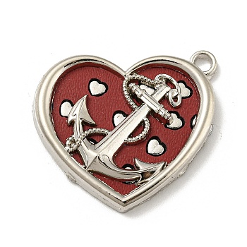 Alloy Pendants, with Imitation Leather, Platinum, Heart, Dark Red, 31x32x4mm, Hole: 3mm