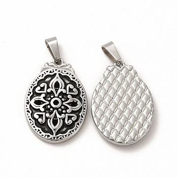Ion Plating(IP) 304 Stainless Steel Pendants, with 201 Stainless Steel Clasp, Oval with Flower Charms, Antique Silver, 23x16x3mm, Hole: 3mm