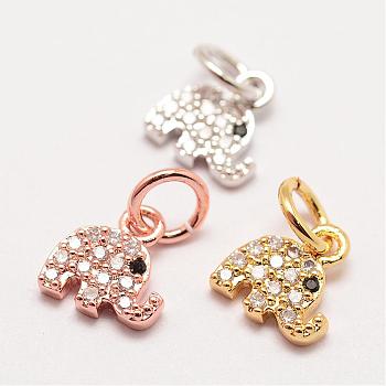 Brass Micro Pave Grade AAA Cubic Zirconia Charms, Long-Lasting Plated, Elephant, Cadmium Free & Nickel Free & Lead Free, Mixed Color, 8x7.5x1.5mm, Hole: 3mm