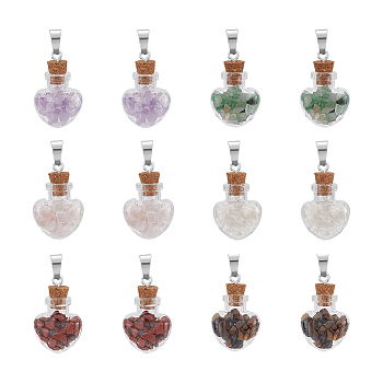 12Pcs 6 Styles Natural Mixed Gemstone Chip Heart Glass Bottle Pendants, Wishing Bottle Charms with Platinum Plated 304 Stainless Steel Snap on Bails, 38x22x11mm, 2pcs/style