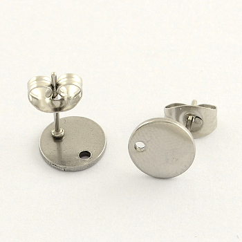 304 Stainless Steel Stud Earring Findings, with Loop and Ear Nuts, Stainless Steel Color, 8mm, Hole: 1mm, pin: 0.8mm