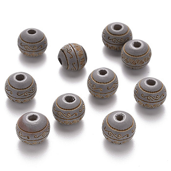 Painted Natural Wood Beads, Laser Engraved Pattern, Round with Leave Pattern, Silver, 10x9mm, Hole: 2.5mm