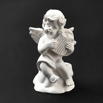 Resin Imitation Plaster Sculptures, Figurines, Home Display Decorations, Angel with Harp, White, 38.5x33.5x61.5mm