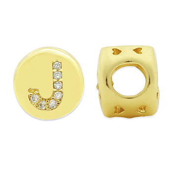 Brass Micro Pave Clear Cubic Zirconia Beads, Flat Round with Letter, Letter.J, 7.5x6.5mm, Hole: 3.5mm, 3pcs/bag
