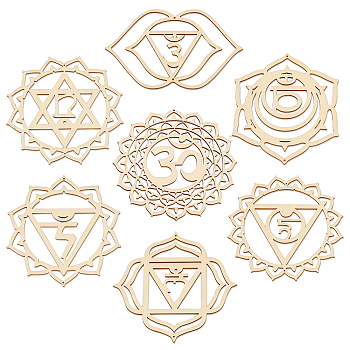 7 Chakra Theme Unfinished Wooden Pendant Decorations, with Ropes, for Wall Decoration, Meditation, BurlyWood, Pendant: 9.2~15x13~15.2x0.25cm, Hole: 1.5~3.5mm, 7pcs/set, 1 set/box