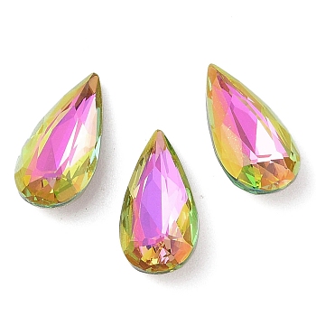 Glass Rhinestone Cabochons, Flat Back & Back Plated, Faceted, Teardrop, Vitrail Rose, 18x9x5mm