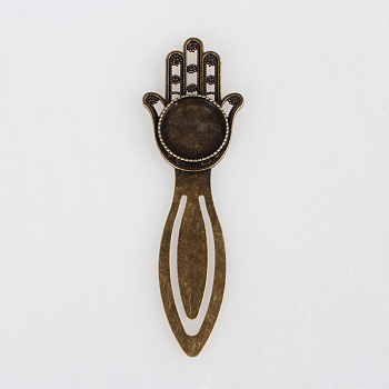 Antique Bronze Iron Bookmark Cabochon Settings, Hamsa Hand/Hand of Fatima/Hand of Miriam with Alloy Flat Round Tray, Cadmium Free & Nickel Free & Lead Free, Antique Bronze, 92x30x4mm, Tray: 18mm