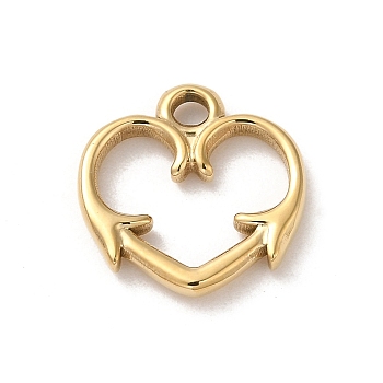 304 Stainless Steel Charms, Heart with Arrow Charm, Real 14K Gold Plated, 14x14x2mm, Hole: 1.8mm