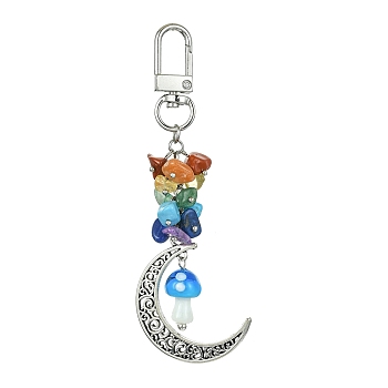 Moon Alloy Pendant Decoraiton, with Gemstone Chip Beads and Mushroom Handmade Lampwork Beads, Alloy Swivel Clasps, Chakra, Royal Blue, 103mm